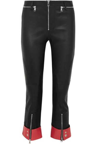 Shop Alexander Mcqueen Cropped Two-tone Leather Slim-leg Pants In Black