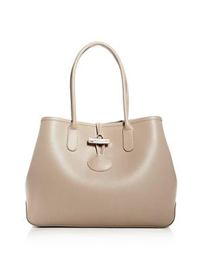 Shop Longchamp Roseau Leather Shoulder Tote In Clay Beige/silver