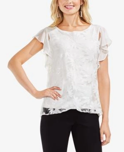 Shop Vince Camuto Embroidered Ruffled-sleeve Top In New Ivory