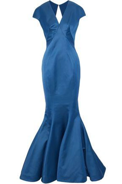 Shop Zac Posen Woman Fluted Cutout Satin Gown Cobalt Blue