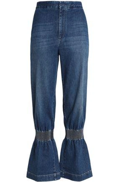 Shop Stella Mccartney Shirred Faded Mid-rise Wide-leg Jeans In Mid Denim