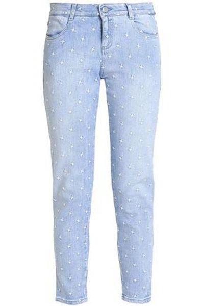 Shop Stella Mccartney Embroidered Low-rise Skinny Jeans In Light Denim