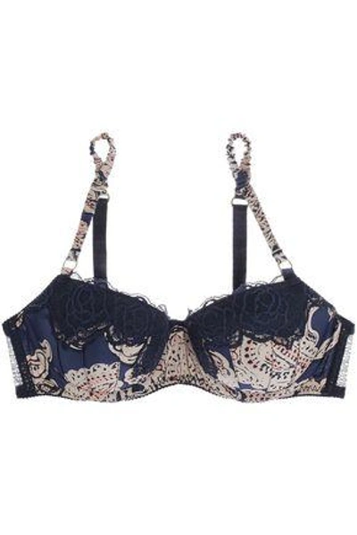 Shop Stella Mccartney Ellie Leaping Lace-trimmed Printed Underwired Contour Bra In Midnight Blue