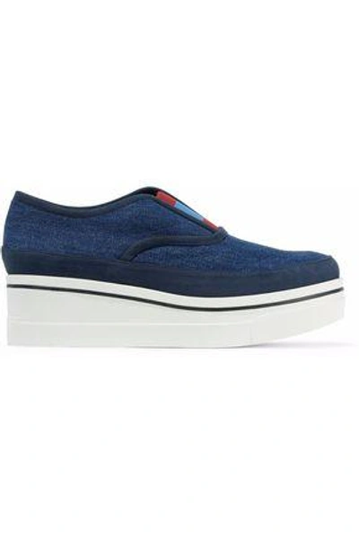 Shop Stella Mccartney Faux Suede-trimmed Denim Slip-on Platform Sneakers In Blue