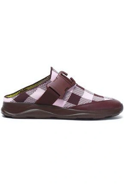Shop Christopher Kane Woman Leather-trimmed Gingham Woven Slip-on Sneakers Burgundy