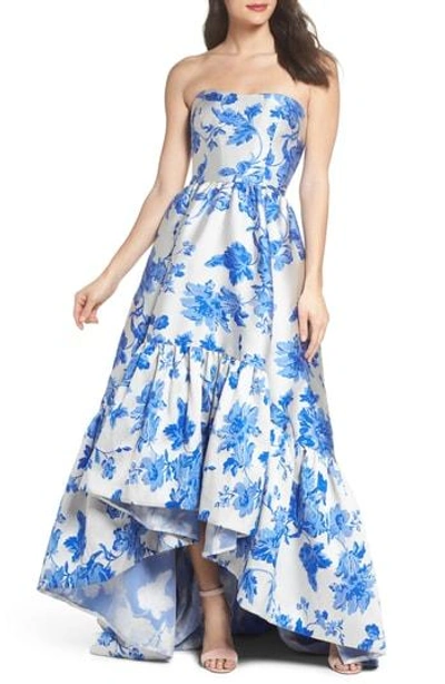 Shop Mestiza New York Mestiza Georgiana Floral High/low Strapless Gown In Porcelain Blue