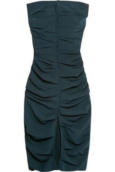 Shop Carmen March Woman Strapless Ruched Crepe Midi Dress Navy