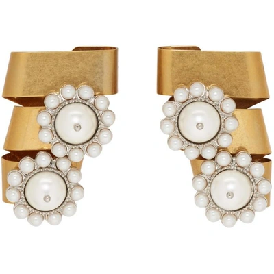 Shop Miu Miu Gold & Off-white Two Flower Pearl Earrings