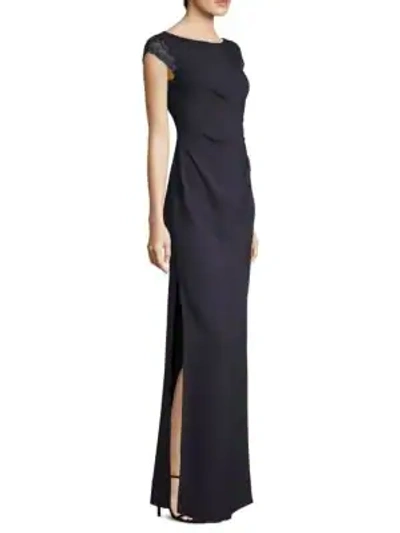 Shop Escada Geolla Beaded Cap-sleeve Gown In Navy