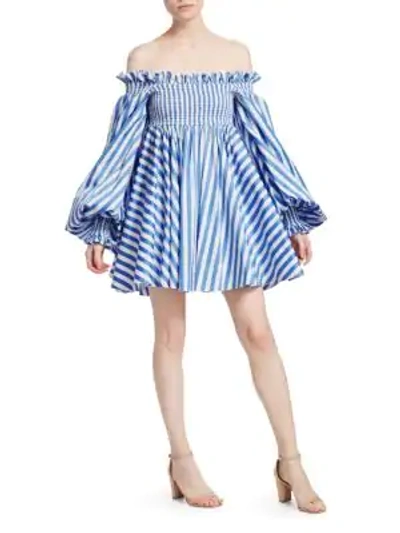 Shop Caroline Constas Kora Off-the-shoulder Dress In Blue White