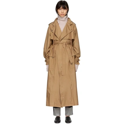 Shop Bottega Veneta Tan Silk Satin Trench Coat