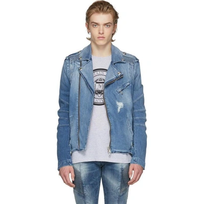 Shop Pierre Balmain Blue Denim Biker Jacket In 725 Blu Dnm