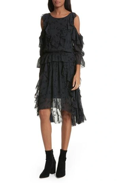 Shop Joie Alpheus Cold Shoulder Ruffled Silk Dress In Caviar/ Caviar