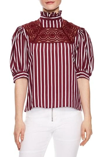 Shop Sandro Lace Inset Puff Sleeve Top In Burgundy