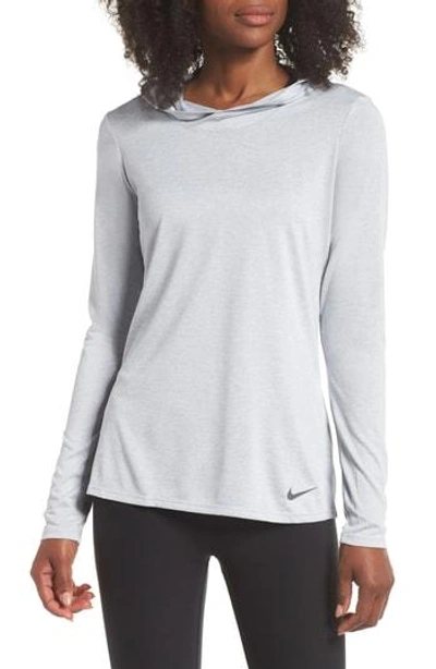 Shop Nike Dry Legend Hooded Training Top In Wolf Grey/ White/ Dark Grey