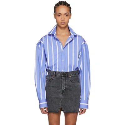 Shop Vetements Blue & White Stripe Fold-up Cropped Oversized Shirt