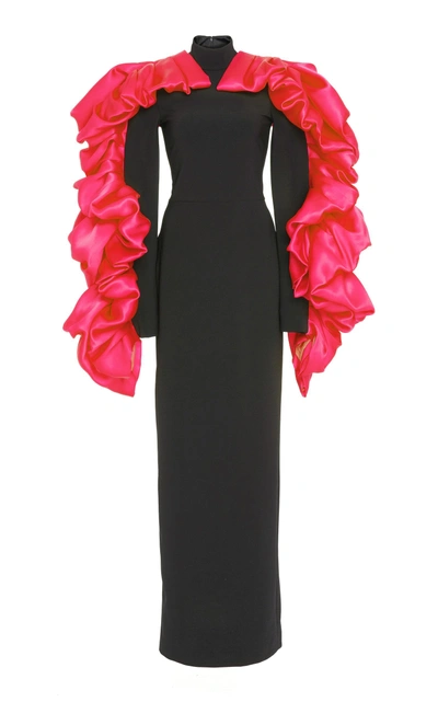 Shop Christian Siriano Turtleneck Column Gown With Organza Blouse Sleeve In Black