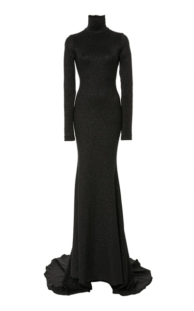 Shop Christian Siriano Shimmer Knit Turtleneck Gown In Black