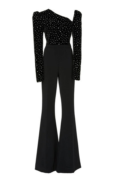 Shop Christian Siriano Crystal Velvet Long Sleeve Jumpsuit In Black