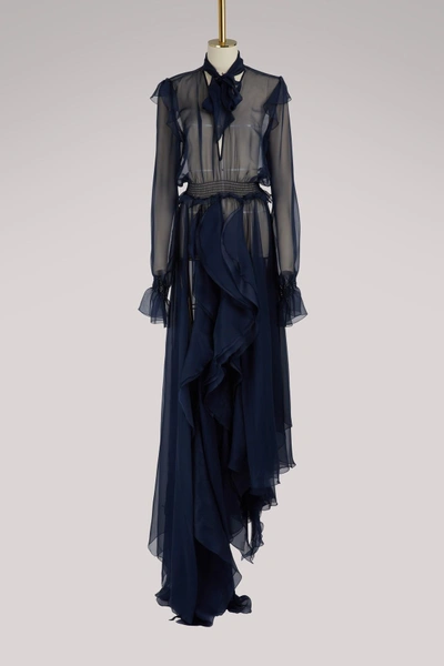 Shop Off-white Silk Pleated Maxi Dress In Navy/blue