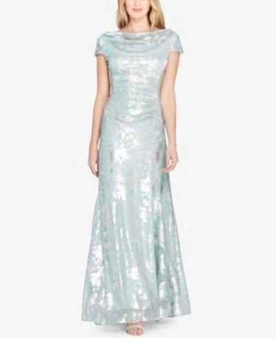 Shop Tahari Asl Metallic-print Draped Gown In Sage/silver