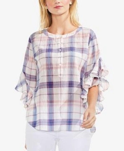 Shop Vince Camuto Plaid Ruffle-sleeve Top In Ash Rose