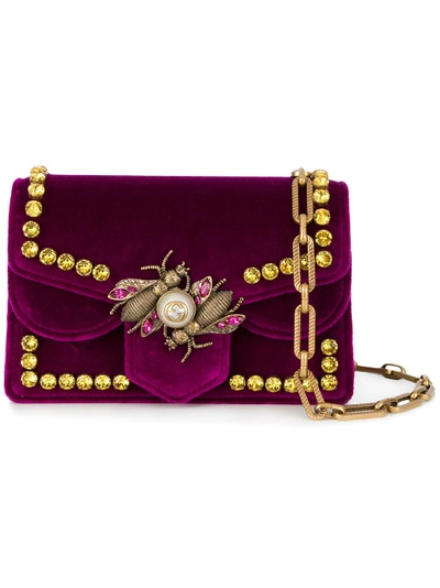 Shop Gucci Bee Velvet Shoulder Bag In Pink & Purple