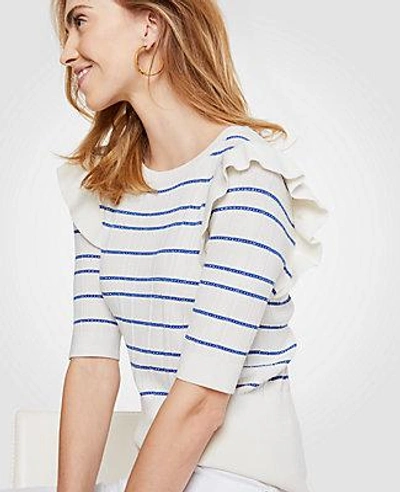 Shop Ann Taylor Stripe Ruffle Shoulder Sweater In Winter White