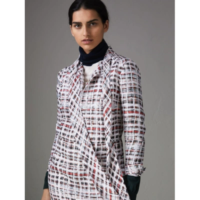 Shop Burberry Tie-neck Scribble Check Silk Dress In Cadmium Red