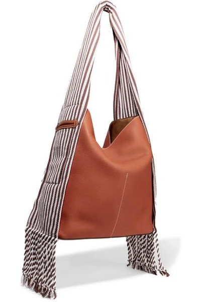 Shop Loewe Scarf Striped Cotton-trimmed Textured-leather Shoulder Bag In Tan