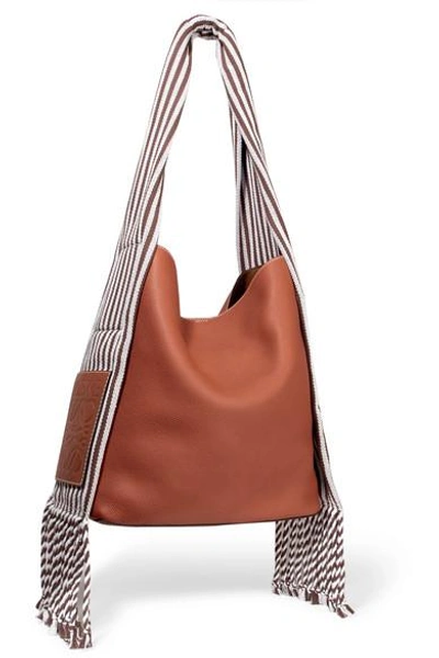 Shop Loewe Scarf Striped Cotton-trimmed Textured-leather Shoulder Bag In Tan