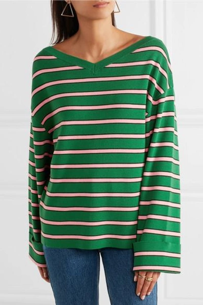 Shop Alexa Chung Oversized Striped Wool And Cotton-blend Sweater In Green