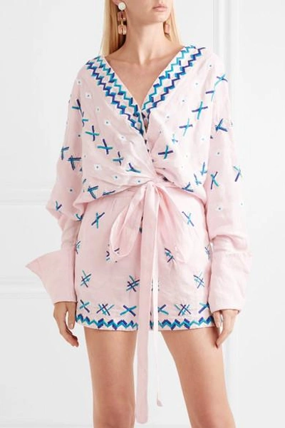 Shop All Things Mochi Magda Embroidered Linen Playsuit In Medium