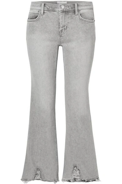Shop Current Elliott The Kick Cropped Distressed Flared Jeans In Light Gray