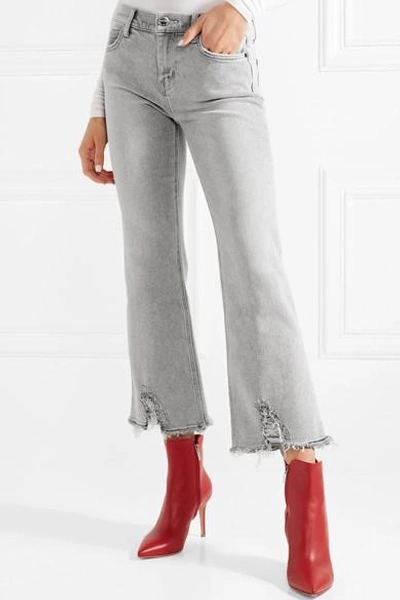 Shop Current Elliott The Kick Cropped Distressed Flared Jeans In Light Gray