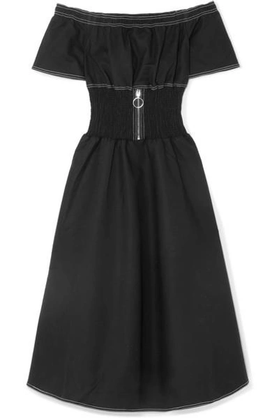 Shop Maje Off-the-shoulder Shirred Cotton-blend Dress In Black