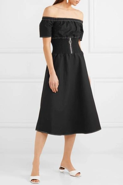 Shop Maje Off-the-shoulder Shirred Cotton-blend Dress In Black