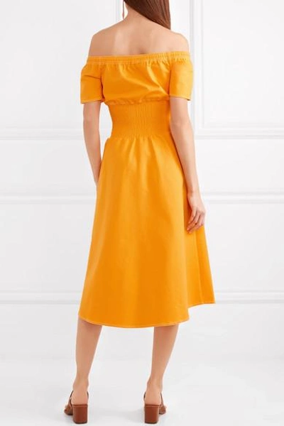 Shop Maje Off-the-shoulder Shirred Cotton-blend Dress In Marigold