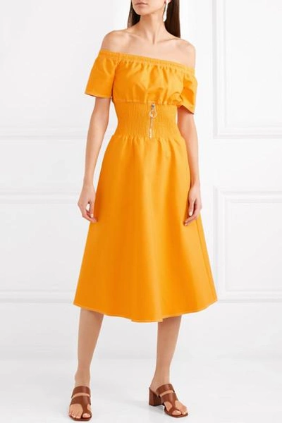 Shop Maje Off-the-shoulder Shirred Cotton-blend Dress In Marigold