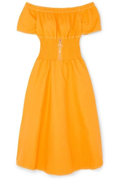 Shop Maje Off-the-shoulder Shirred Cotton-blend Dress In Marigold