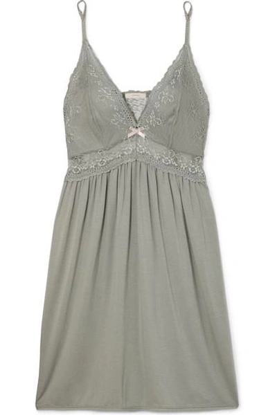 Shop Eberjey Colette The Mademoiselle Lace And Tulle-trimmed Stretch-modal Jersey Chemise In Gray