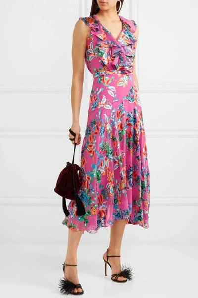 Shop Saloni Rita Floral-print Devoré-chiffon Midi Dress In Pink