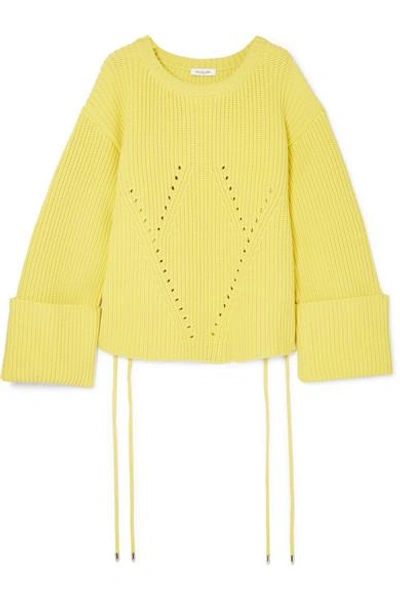 Shop Mugler Oversized Lace-up Ribbed Cotton-blend Sweater In Yellow