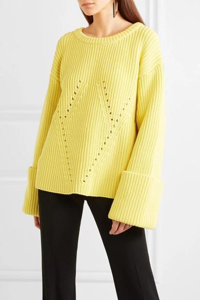 Shop Mugler Oversized Lace-up Ribbed Cotton-blend Sweater In Yellow