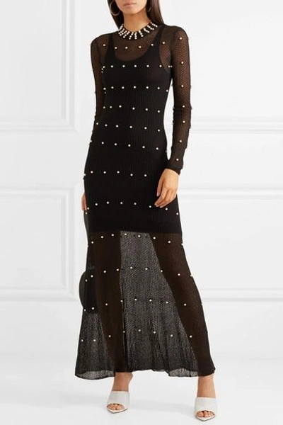 Shop Sonia Rykiel Pearl-embellished Stretch-knit Maxi Dress In Black