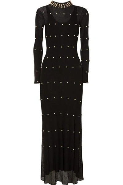Shop Sonia Rykiel Pearl-embellished Stretch-knit Maxi Dress In Black
