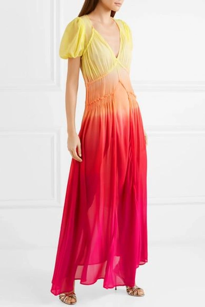 Shop Attico Shirred Ombré Silk-georgette Maxi Dress In Yellow