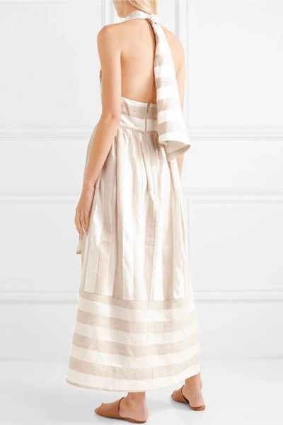 Shop Paper London Bianca Striped Halterneck Voile Midi Dress In Beige
