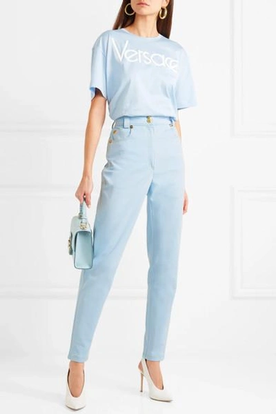 Shop Versace High-rise Slim-leg Jeans In Light Blue