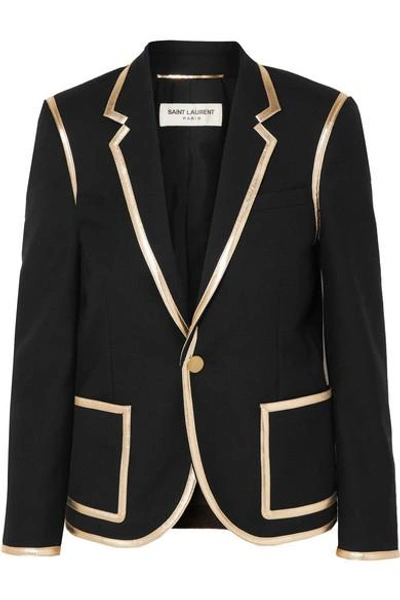 Shop Saint Laurent Metallic Leather-trimmed Wool Blazer In Black